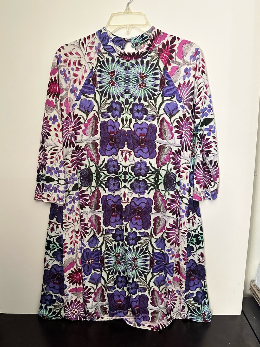 Free People Fiesta Floral Stretchy Boho Mini Tunic Dress 3/4 sleeves~M